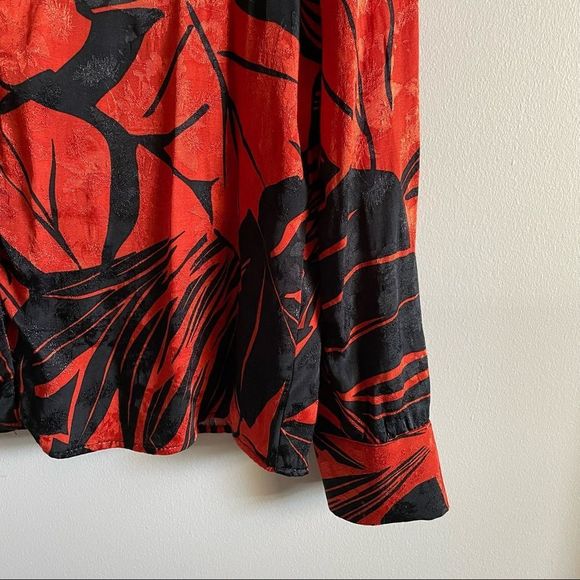 💝(3/$25) Zara Tropical Print Button Up Blouse Red Black Long Sleeve - Picture 6 of 8